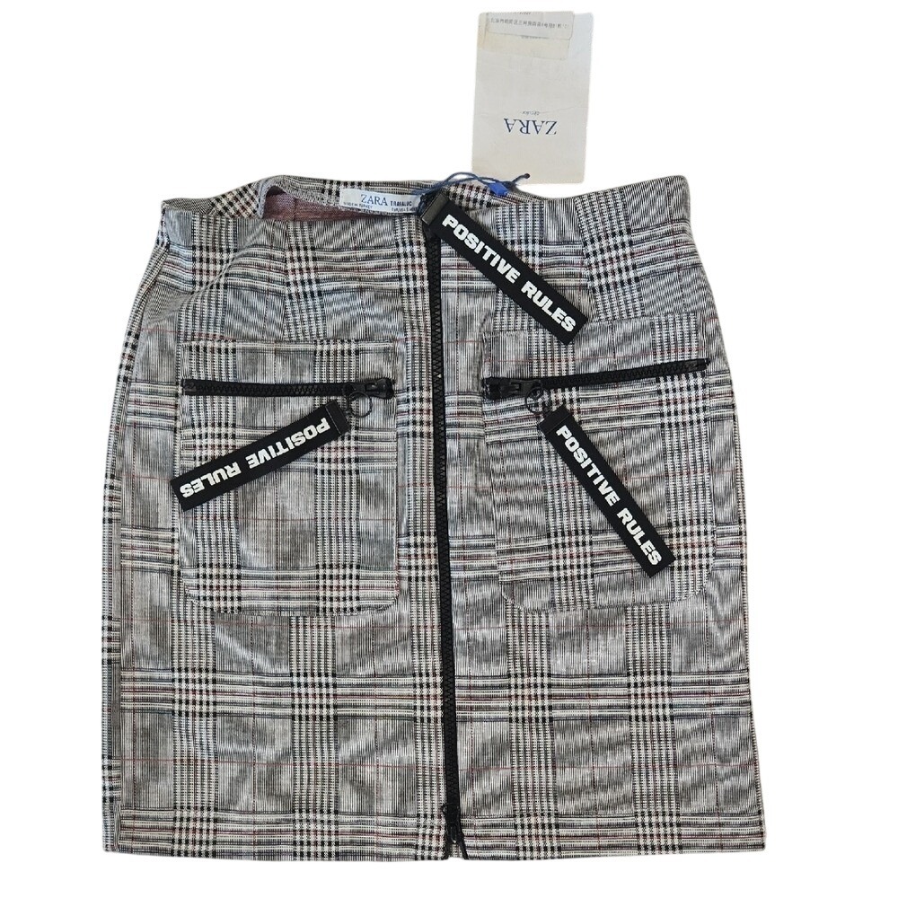 Zara Trafaluc Women Grey Plaid Zip Front Mini Skirt Positive Rules Size S